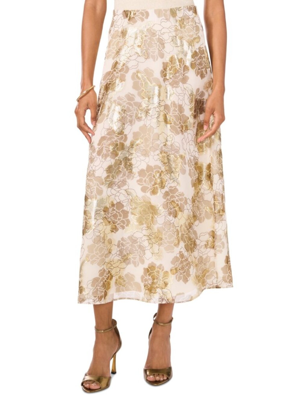 Vince Camuto Women's Metallic Floral-Print Midi Skirt Size L